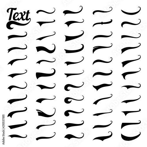 Sporty swirling tail football and baseball typography swashes. Swirled plume curly tails for retro style text vector set