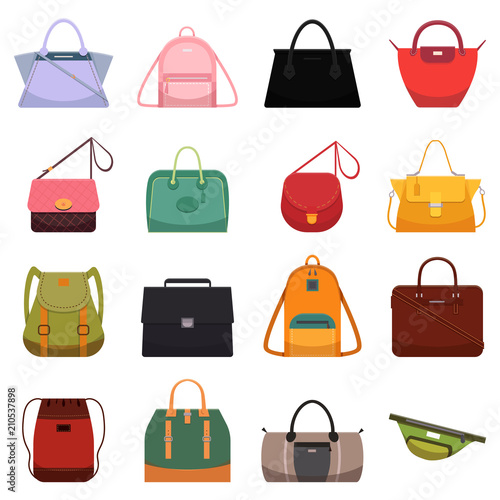 Woman leather casual bags handbag satchel reticule and colorful bag isolated vector illustration
