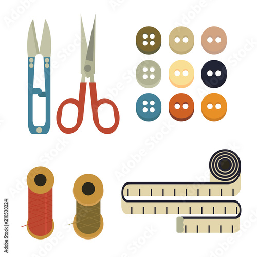 Collection sets of Sewing equipment, dressmaking and needlework accessories . Icons set with needle, tape measure, zippe, scissors, buttons, needles, threads, awl, hooks. Fashion industry clothing.