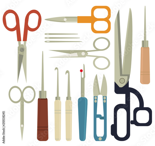 Collection sets of Sewing equipment, dressmaking and needlework accessories . Icons set with scissors,threads, awl, hooks. Fashion industry clothing. Sewing accessories. Fashion industry, clothing.