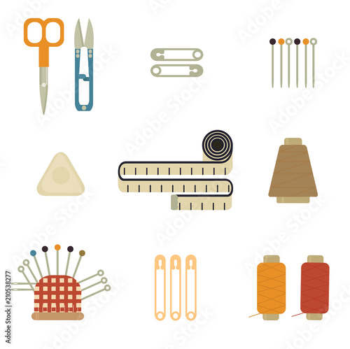 Collection sets of Sewing equipment, dressmaking and needlework accessories . Icons set with needle, tape measure, zippe, scissors, buttons, needles, threads, awl, hooks. Fashion industry clothing.