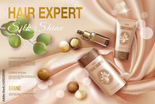 Realistic 3d macadamia nut oil cosmetic ad template. Light golden silk fabric hair shampoo conditioner serum transparent glass beauty care. Promotional poster template top view vector illustration