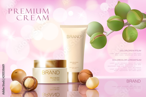 Realistic 3d macadamia nut oil cosmetic ad template. Light pink shiny serum cream mockup beauty skin care. Promotional poster template background vector illustration