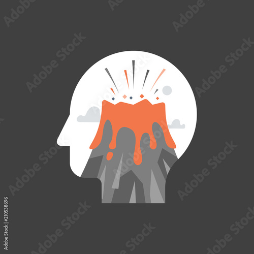 Feeling mental tension, destructive thoughts, experiencing stress, panic attack, hysteric behavior, volcano eruption in head