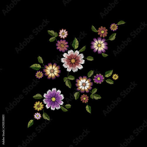 Embroidery summer flower fashion patch. Realistic texture design template. Floral ornate daisy gerbera clothing print decoration vector illustration
