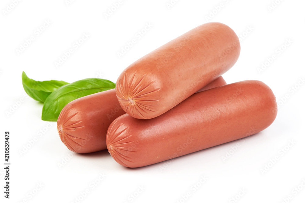 Boiled sausage with herbs isolated on white background. Boiled sausage with herbs isolated on white background.