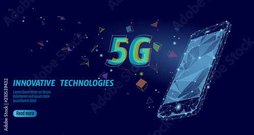 5G new wireless internet wifi connection. Laptop mobile device isometric blue 3d flat. Global network high speed innovation connection data rate technology vector illustration