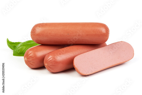 Boiled sausage with herbs isolated on white background.