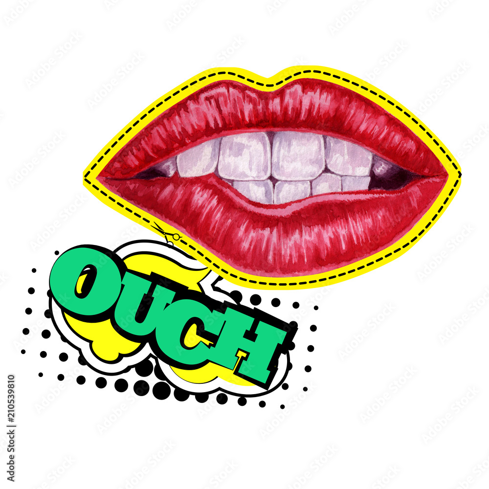 Watercolor hand drawn red woman lips illustration. Pop art style design isolated on white background. Watercolor hand drawn red woman lips illustration. Pop art style design isolated on white background.