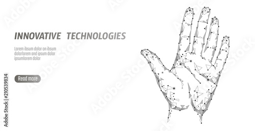 Low poly hand scan cyber security. Personal identification fingerprint handprint ID code. Information data safety access. Internet network futuristic biometrics technology identity verification vector