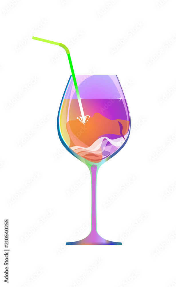 The girl drinks through a straw from a violet glass of wine or a liqueur.  Cartoon character and drink isolated of white background. Vector  illustration. Cocktail Party. Lady have fun Stock Vector |