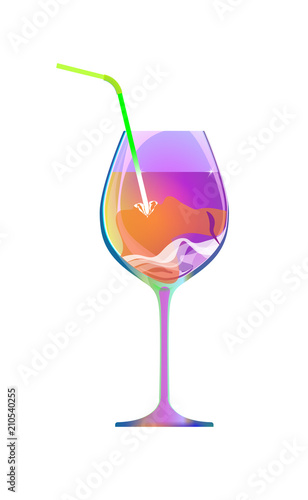 The girl drinks through a straw from a violet glass of wine or a liqueur. Cartoon character and drink isolated of white background. Vector illustration. Cocktail Party. Lady have fun