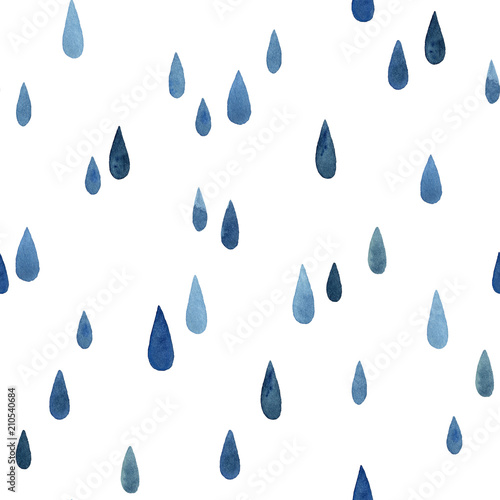 watercolor messy blue raindrops. seamless pattern on white background.