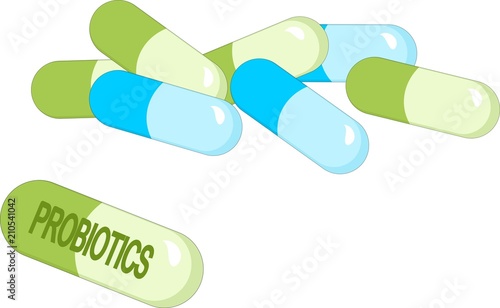Capsules with green probiotics bacteria. Concept of healthy nutrition ingredient for therapeutic purposes.