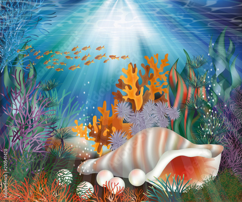 Underwater wallpaper with pearl shell, vector illustration
