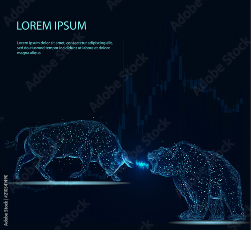 Stock exchange trading banner. The bulls and bears struggle. Abstract image of a starry sky or space, consisting of points,  in the form of planets, stars and the universe. Low poly vector