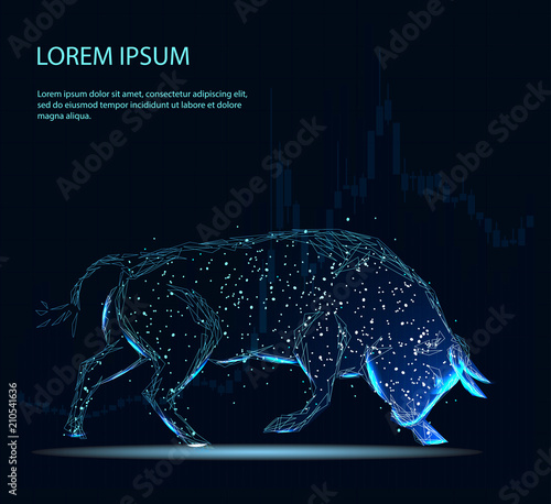 Stock exchange trading banner. The bulls struggle. Abstract image of a starry sky or space, consisting of points, lines, and shapes in the form of planets, stars and the universe. Low poly vector