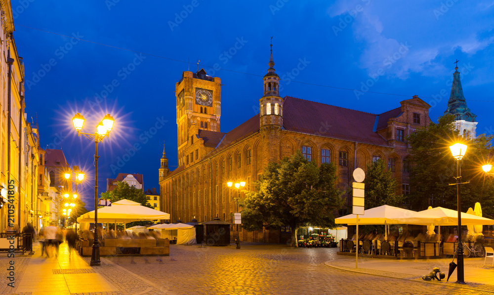 Fototapeta premium Torun Town Hall and statue of Copernicus in evening