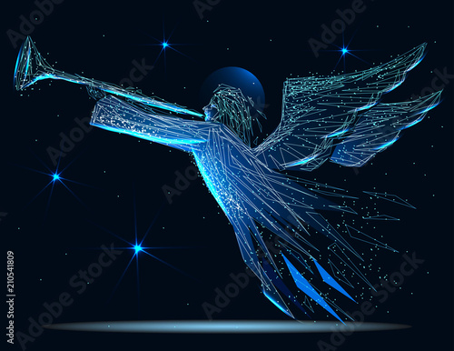 Christmas angel. Abstract image of a starry sky or space, consisting of points, lines, and shapes in the form of planets, stars and the universe. Low poly vector