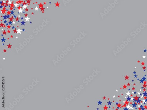 Patriotic 4th of July, Independence Day of America Stars Confetti. Flying Stars Texture, US Blue, Red, White Confetti Banner. USA Independence Day, 4th of July, National Symbols Banner Background.