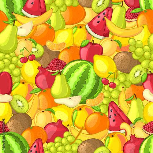 Fototapeta Naklejka Na Ścianę i Meble -  Fruits. Bright seamless pattern. Watermelon, apple, lemon, pear, grapes, pomegranate, peach, banana, apricot, cherry, orange, tangerine. Vector illustration.
