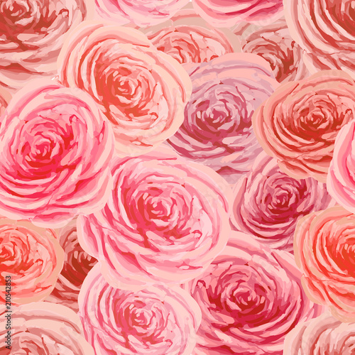 Bright red and pink rosebuds, flower seamless pattern
