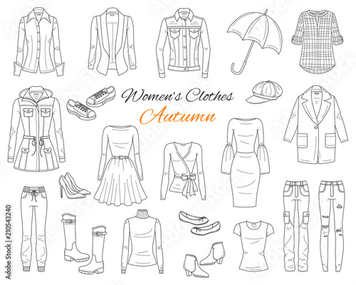 Women's clothes collection. Vector sketch illustration.