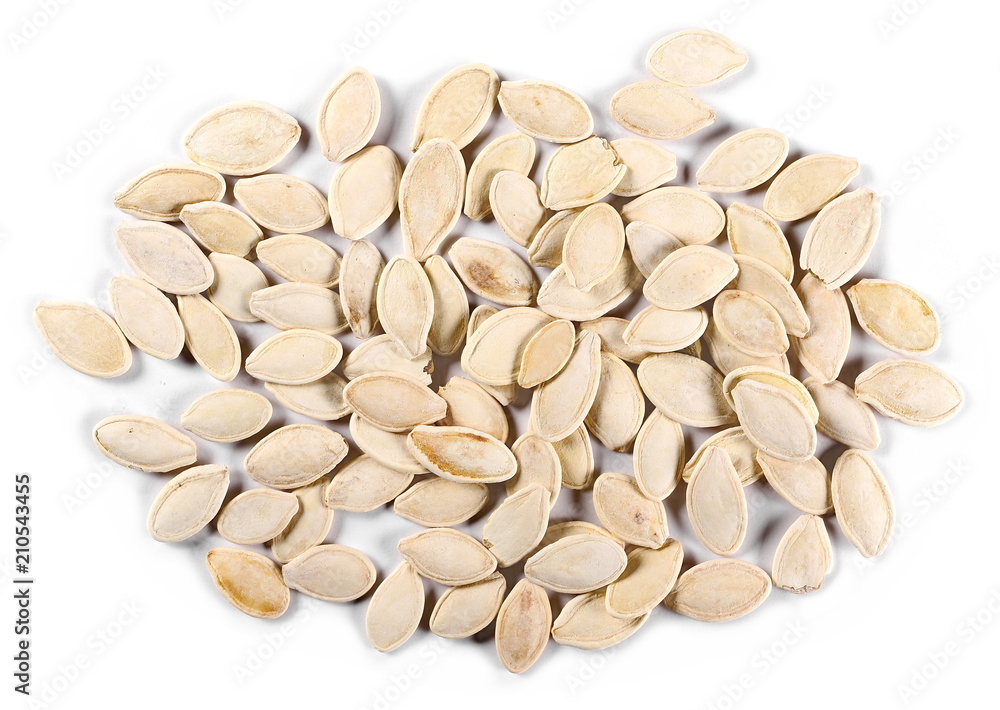 pile pumpkin seeds isolated on white background, top view pile pumpkin seeds isolated on white background, top view