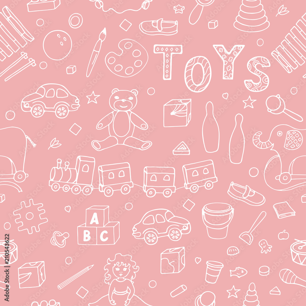 Pattern from different toys sketches on pink background. Hand drawn baby vector illustration. 