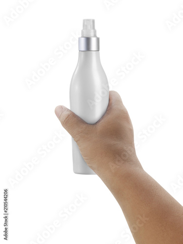 hand with cosmetics bottle isolated on white