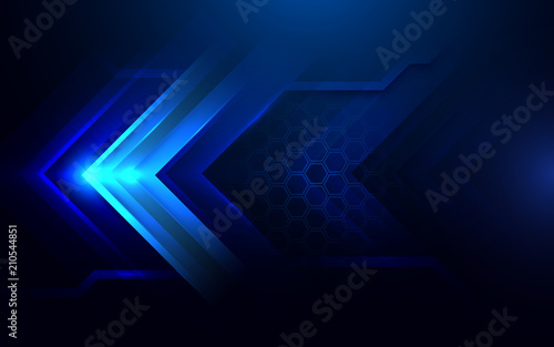 Abstract dark blue Arrows and hexagons background. Futuristic and technology concept