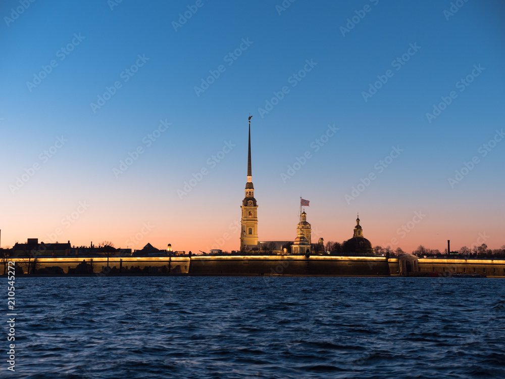 Peter and Paul Fortress night is the original citadel of St. Petersburg, Russia