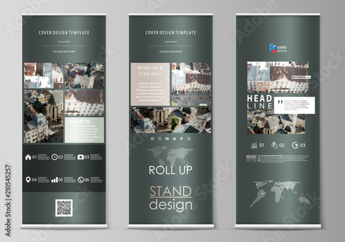 Set of roll up banner stands, flat design templates, abstract geometric style, vertical vector flyers, flag layouts. Colorful background made of dotted texture for travel business, urban cityscape.