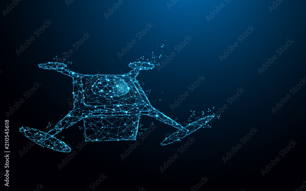 Drone delivering form lines, triangles and particle style design. Illustration vector - obrazy, fototapety, plakaty 