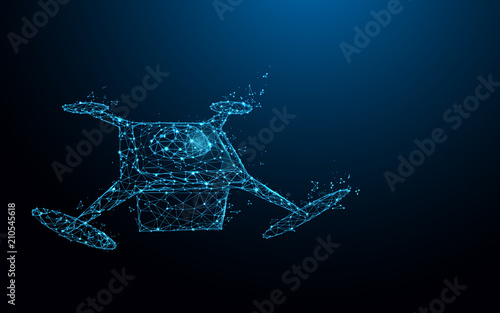 Drone delivering form lines, triangles and particle style design. Illustration vector
