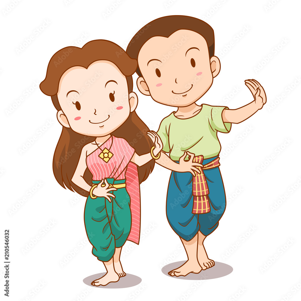 Cute couple cartoon of traditional Thai dancers. Stock Vector | Adobe Stock