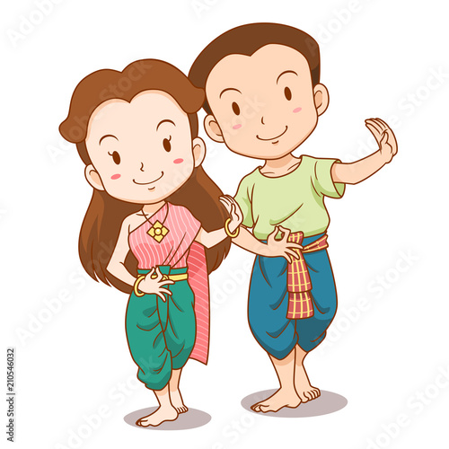 Cute couple cartoon of traditional Thai dancers.