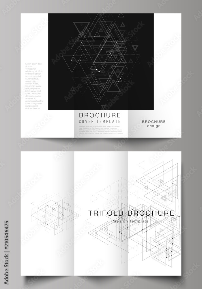 The minimal vector illustration of editable layouts. Modern covers design templates for trifold brochure or flyer. Polygonal background with triangles, connecting dots and lines. Connection structure.