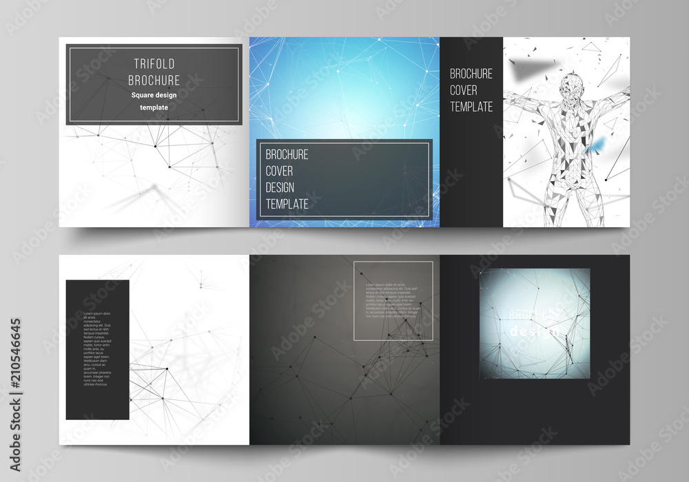 Fototapeta premium Black colored vector layout. Covers design templates for trifold square brochure or flyer. Technology, science, medical concept. Molecule structure, connecting lines and dots. Futuristic background