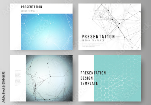 The minimalistic abstract vector layout of the presentation slides design business templates. Technology, science, medical concept. Molecule structure, connecting lines and dots. Futuristic background