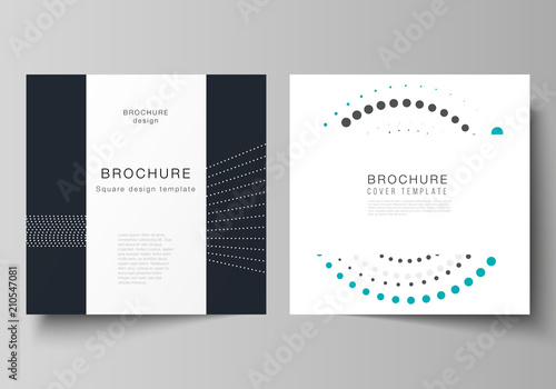 The minimal vector illustration of editable layout of two square format covers design templates with simple geometric background made from dots, circles, rectangles for brochure, flyer, magazine.