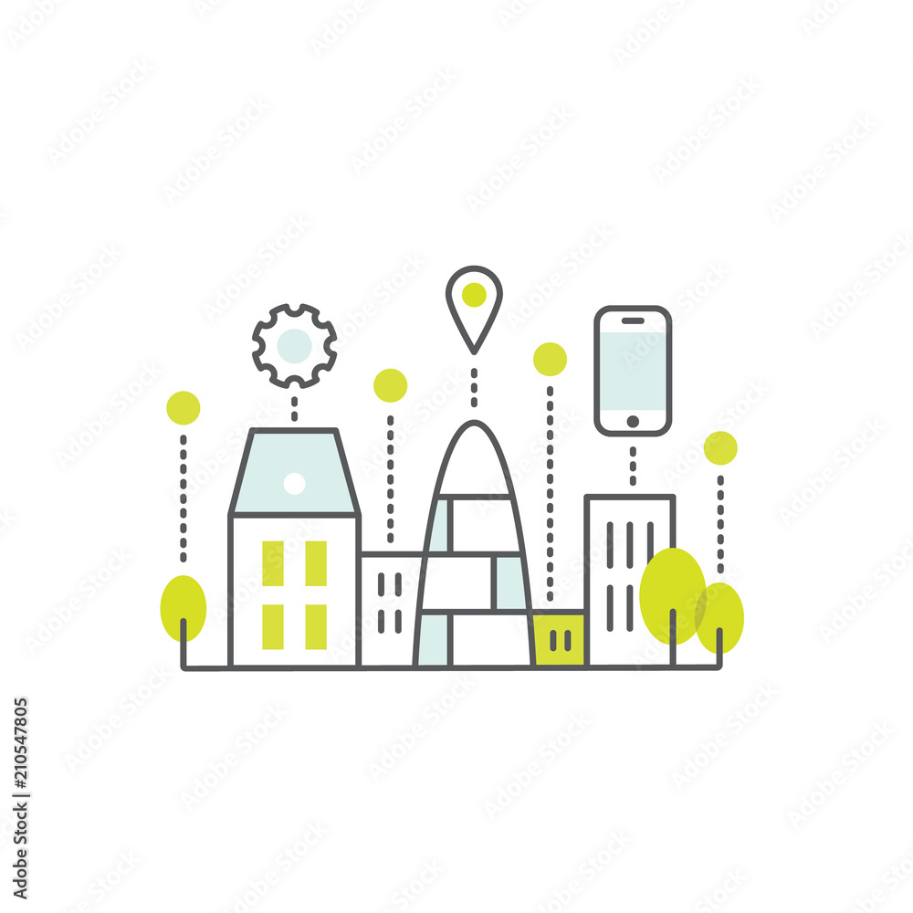 Fototapeta premium Vector Icon Style Illustration of Smart City Concept and Technology, One Page Web or Mobile Template Composition with Cloud, Buildings, Devices and Smart Solutions