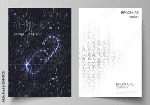 Vector layout of A4 format cover mockups design templates for brochure, magazine, flyer, booklet, report. Binary code background. AI, big data, coding or hacker concept, digital technology background