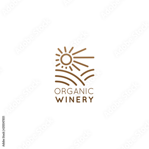 Vector Icon Style Illustration Logo of Organic Natural Winery or Wineyard, Quality Label or Badge for a Production Pachage or Bottle, Minimalistic Outline Concept with Field and Sun