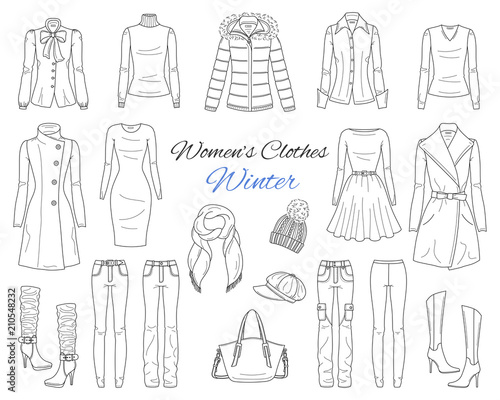 Women's clothes collection. Winter outfit. Vector sketch illustration.