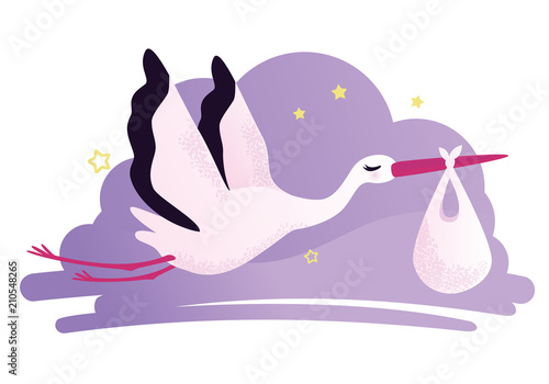 Vector illustration of a stork carrying a baby in a bag