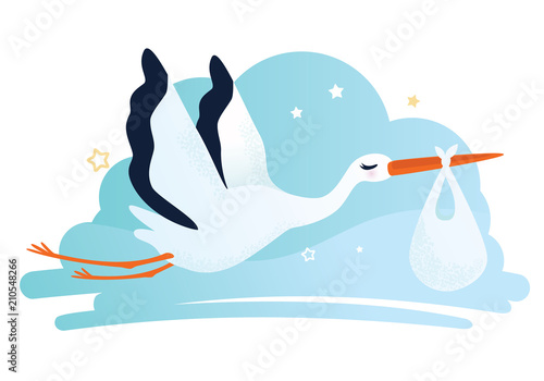 Fototapeta Vector illustration of a stork carrying a baby in a bag