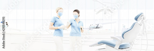 dental clinic interior with doctors, blurred background for copy space template