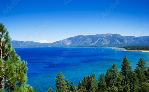 High angle view Emerald Bay, Lake Tahoe, California freshwater lake in Sierra Nevada Mountains range, USA