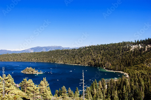 High angle view Emerald Bay, Lake Tahoe, California freshwater lake in Sierra Nevada Mountains range, USA